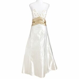 JESSICA MCCLINTOCK FOR GUNNE SAX WHITE GOLD SATIN STRAPLESS BRIDAL PROM DRESS